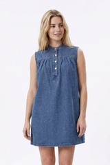 Women's Blue Half-Button Sleeveless Mini Denim Dress