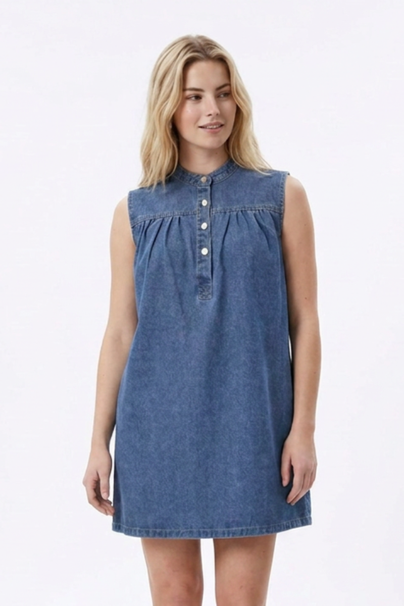 Women's Blue Half-Button Sleeveless Mini Denim Dress