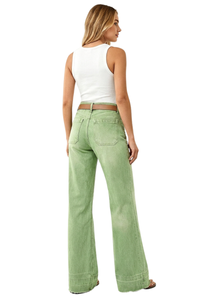 Women's Green Vintage Wash High-Waisted Wide-Leg Jeans