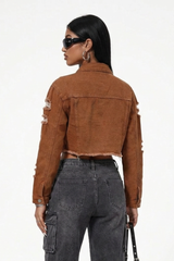 Women's Streetwear Distressed Raw Edge Cropped Denim Jacket