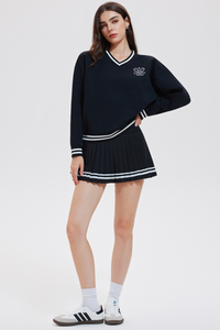 Women's Tennis Embroidered V-Neck Color-Block Pullover Sweatshirt