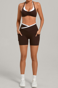 Women's Color Block Set:Halter Bra & V Waist Pocket Shorts