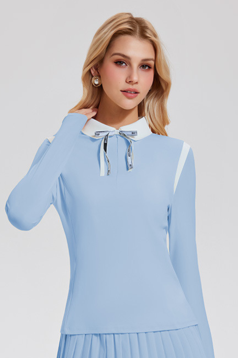 Women's Athletic Color Block Polo Collar Long-Sleeved Top