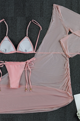 Women's Sexy Solid Mesh See Through Halter Bikini Set - 3pcs