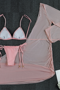 Women's Sexy Solid Mesh See Through Halter Bikini Set - 3pcs