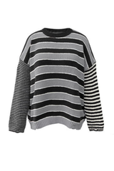 Women Crew Neck Contrast Stripe Distressed Hem Knit Sweater