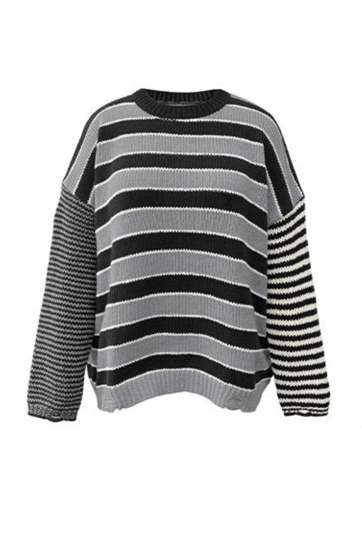 Women Crew Neck Contrast Stripe Distressed Hem Knit Sweater