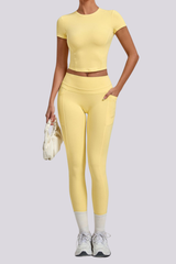 Women's Crew Neck T-shirt Pocket Leggings Yoga 2 Piece Set