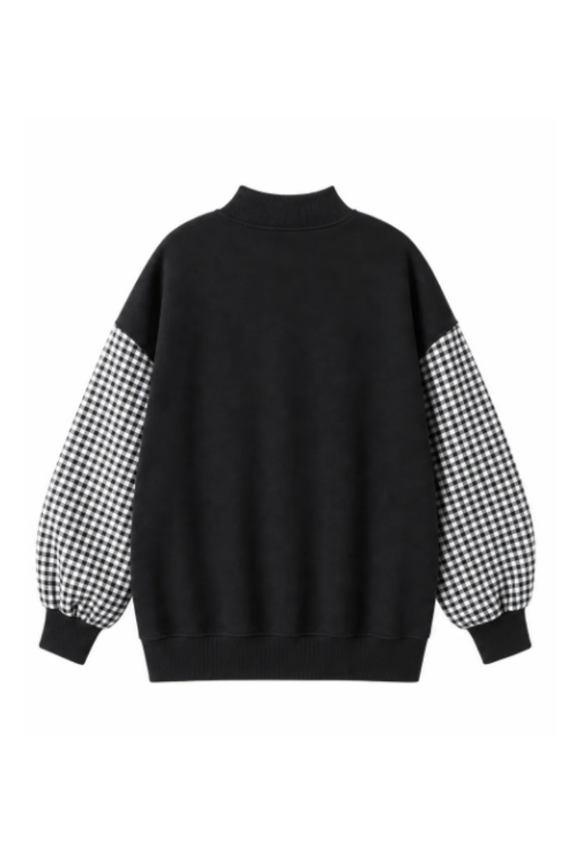 Women's Fall Gingham Spliced Oversize Mock Neck Sweatshirt