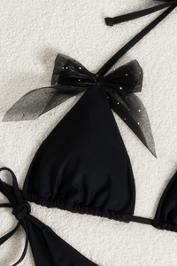Women's Black Mesh Bow Side Tie Vacation Sexy Bikini Sets
