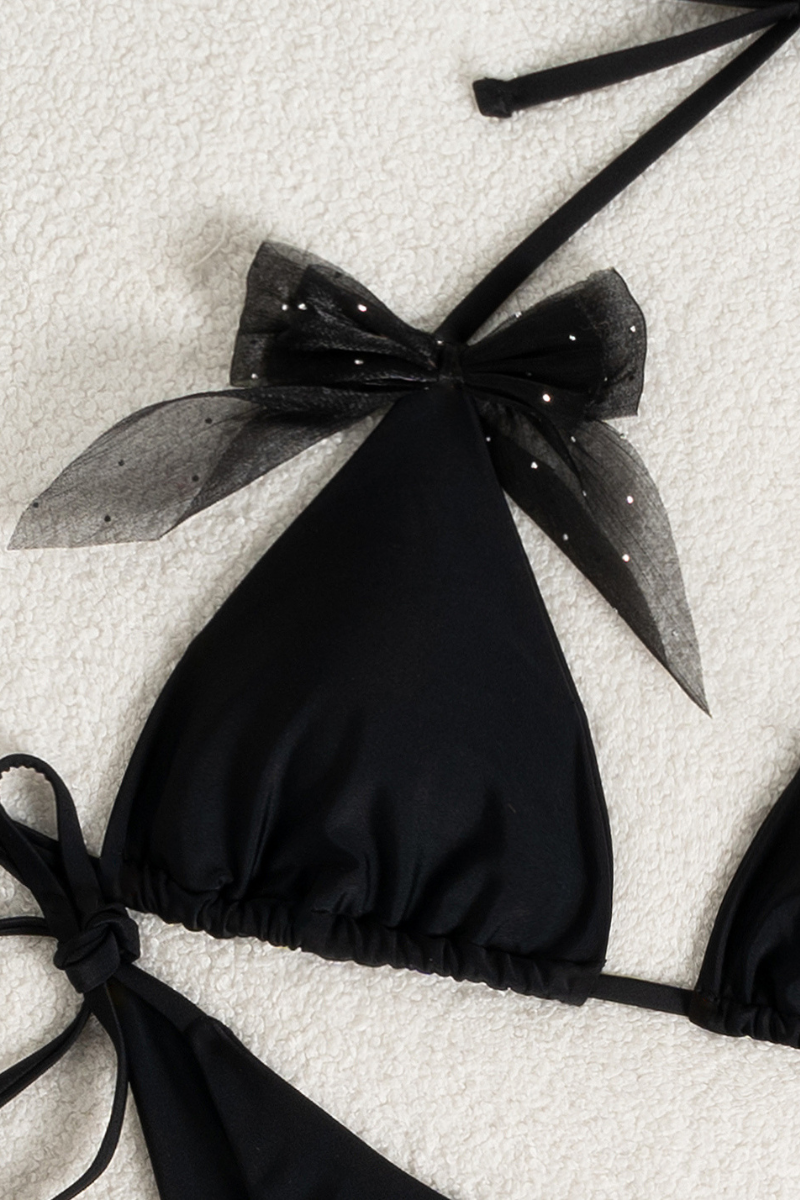 Women's Black Mesh Bow Side Tie Vacation Sexy Bikini Sets
