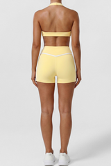 Women's Sets:Twist Front Halter Bra& Color-Blocked Shorts