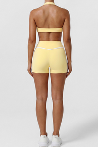 Women's Sets:Twist Front Halter Bra& Color-Blocked Shorts
