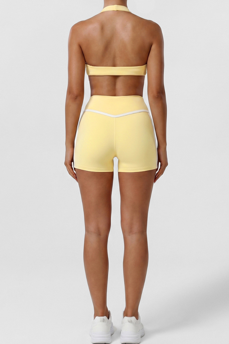 Women's Sets:Twist Front Halter Bra& Color-Blocked Shorts