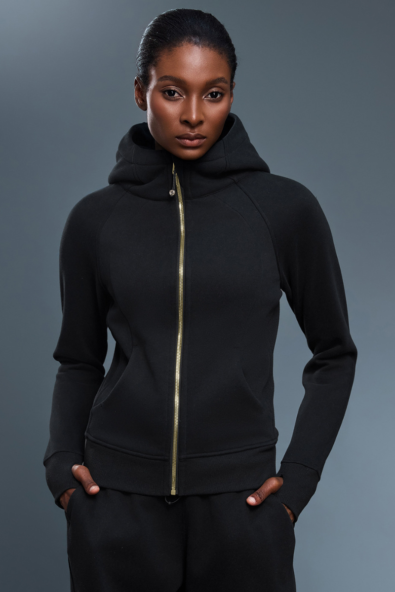 Women's Athletic Slim Full Zipper Finger Cuffs Hooded Jacket