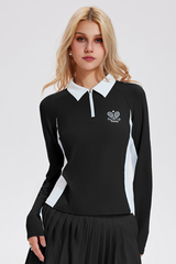 Women’s Color-Block Half-Zipper Polo Long-Sleeve Top