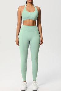 Women Seamless Knit Yoga Set: Halter Back Sports Bra + Sculpting Leggings