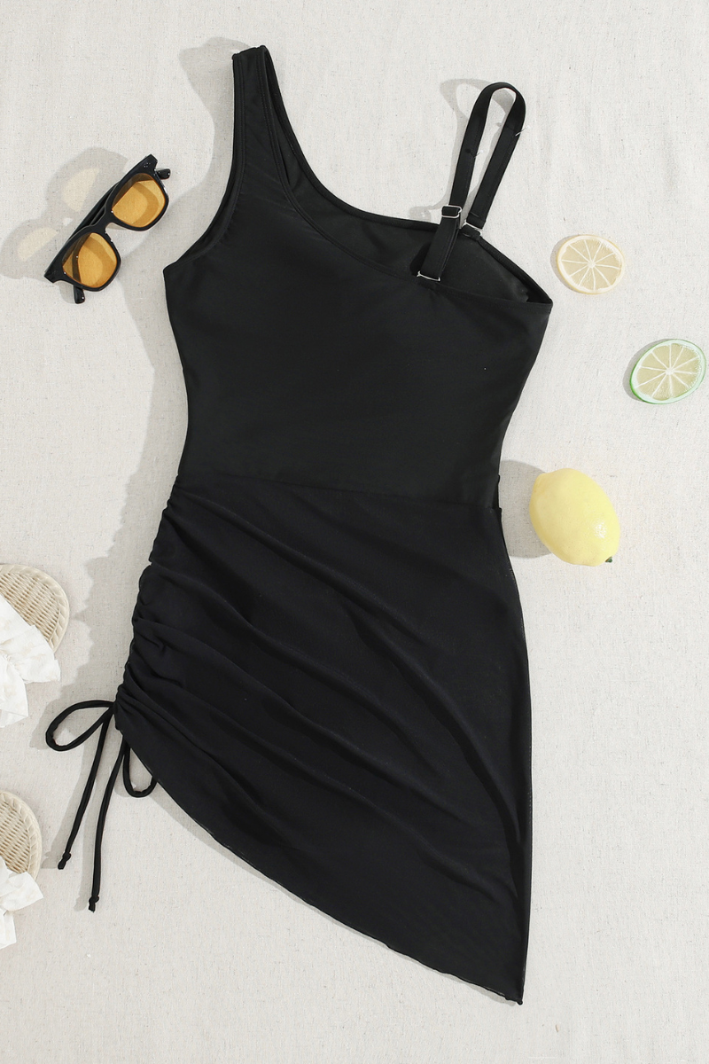 Women's Asymmetric Mesh Panel Side Pleated Swimsuit