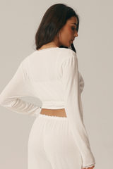 Women's V Neck Lace Trim Wrap Tie Cropped Long Sleeve Pilates Top