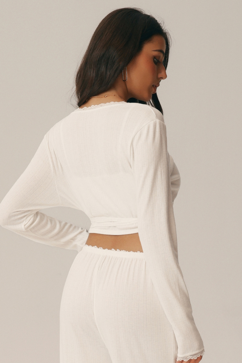 Women's V Neck Lace Trim Wrap Tie Cropped Long Sleeve Pilates Top