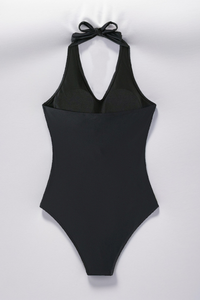 Women's Halter V-Neck Twist Front Mesh Panel Swimsuit