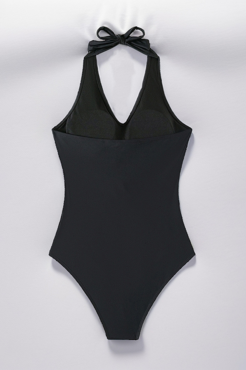 Women's Halter V-Neck Twist Front Mesh Panel Swimsuit