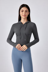 Women Hooded Drawstring Short Slim Outdoor Sports Fitness Yoga Jacket