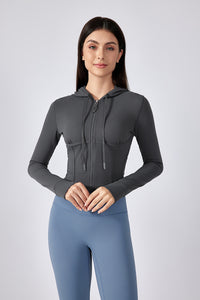 Women Hooded Drawstring Short Slim Outdoor Sports Fitness Yoga Jacket