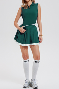 Women's Tennis Sets:Polo Collar Tank Top& Pleated Mini Skirt