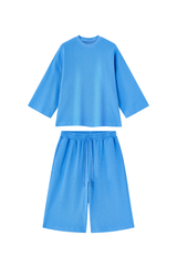 Unisex Waffle Knit Set:Loose Fit T-shirt &Knee Length Shorts