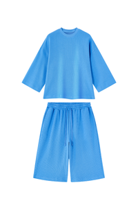 Unisex Waffle Knit Set:Loose Fit T-shirt &Knee Length Shorts
