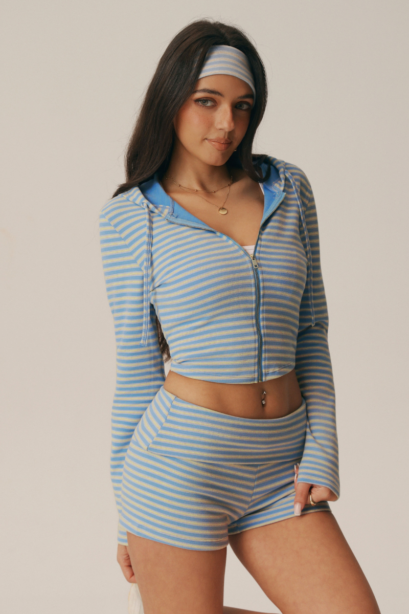 Women's Striped Hooded Zip Crop Jacket & High Waist Shorts