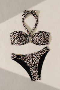 Women's Halter Leopard Print Cutout Sexy Bikini Set