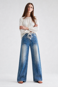 Women's High Waist Drawstring Wide Leg Jeans