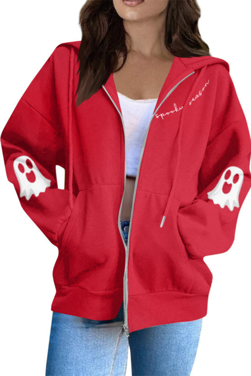Women Halloween Ghost Print Zip Up Hoodie