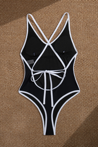 Women's V-neck Color Block Cross Back Sexy Swimsuit