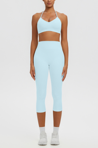 Women Halter V-neck Bra & High Waist Capri Leggings Yoga Set