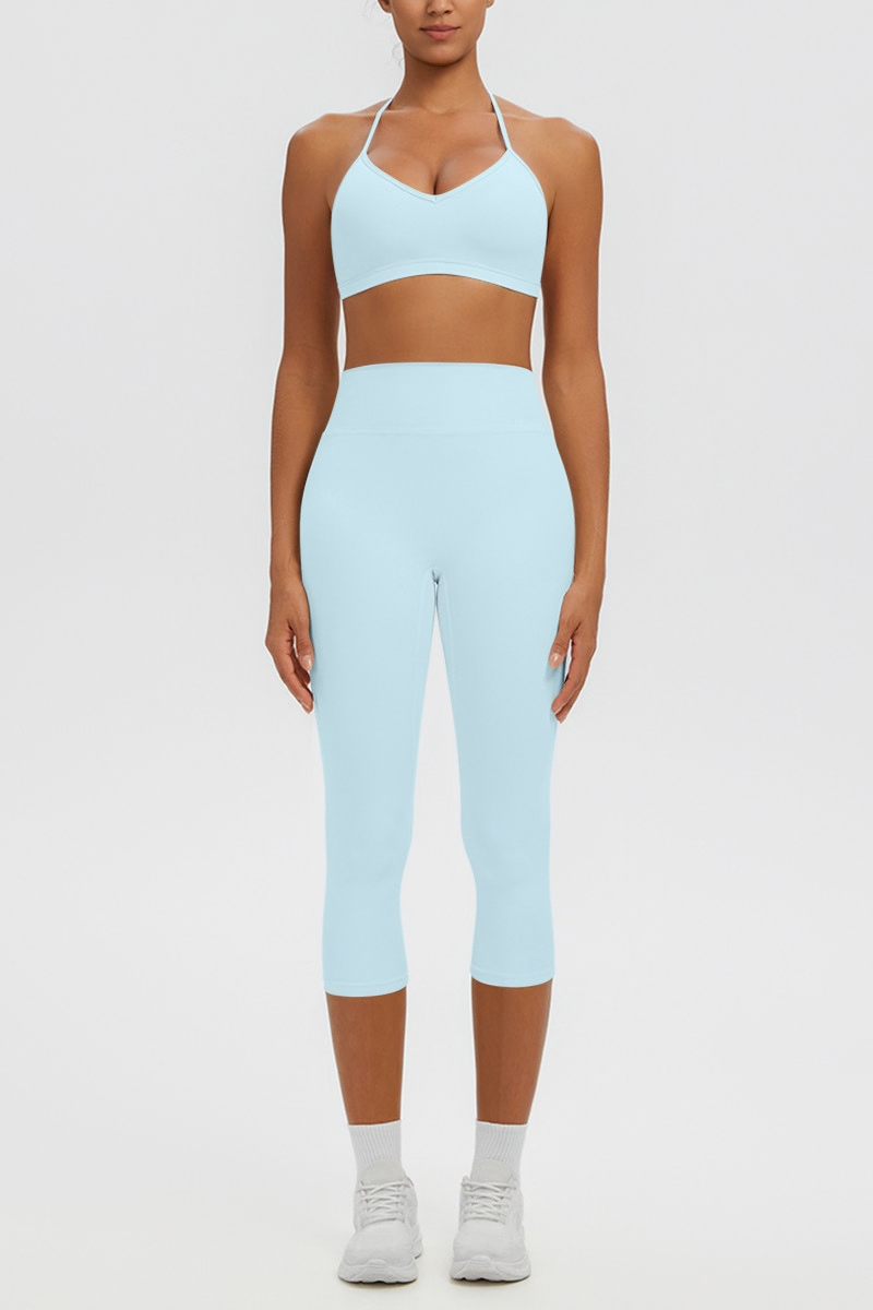 Women Halter V-neck Bra & High Waist Capri Leggings Yoga Set