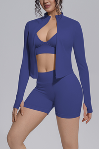 Women's Seamless Bra&Stand Collar Jacket &Shorts 3 Piece Set
