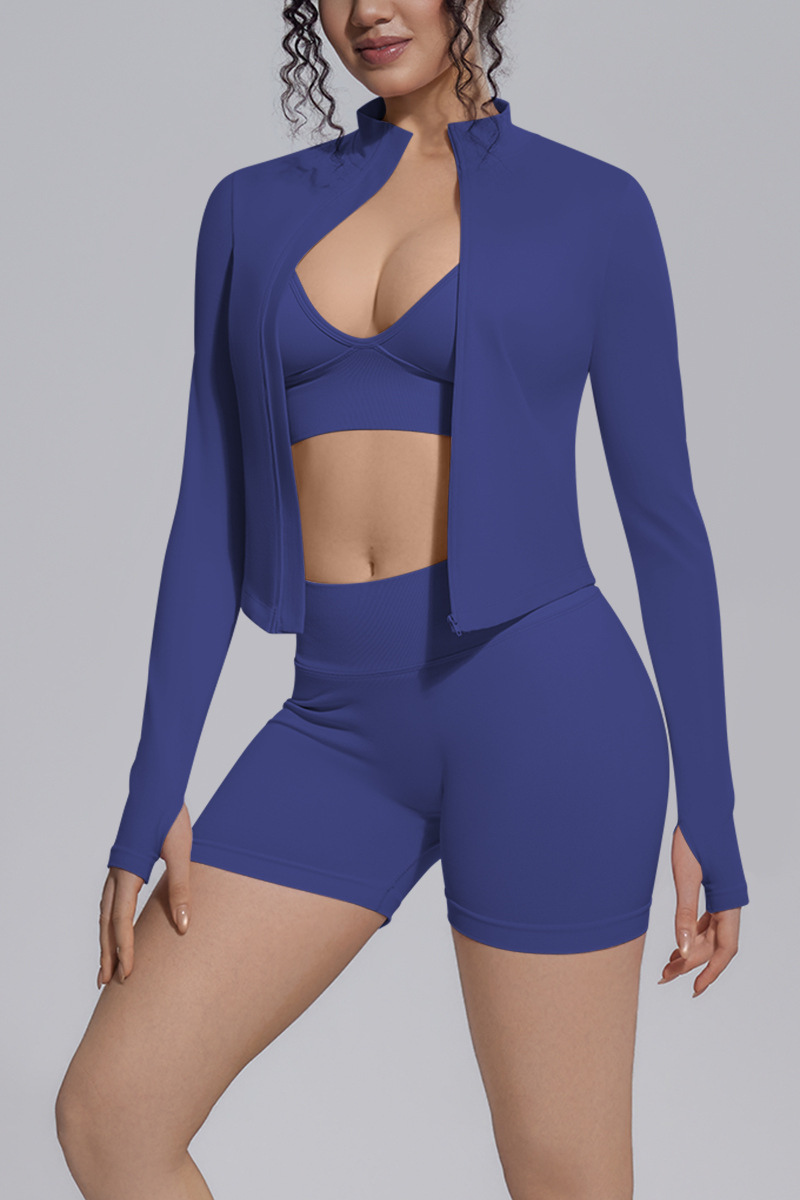Women's Seamless Bra&Stand Collar Jacket &Shorts 3 Piece Set