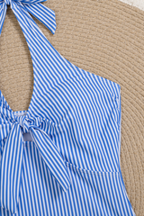 Women Blue White Striped Halter Tie Knot One Piece Swimsuit