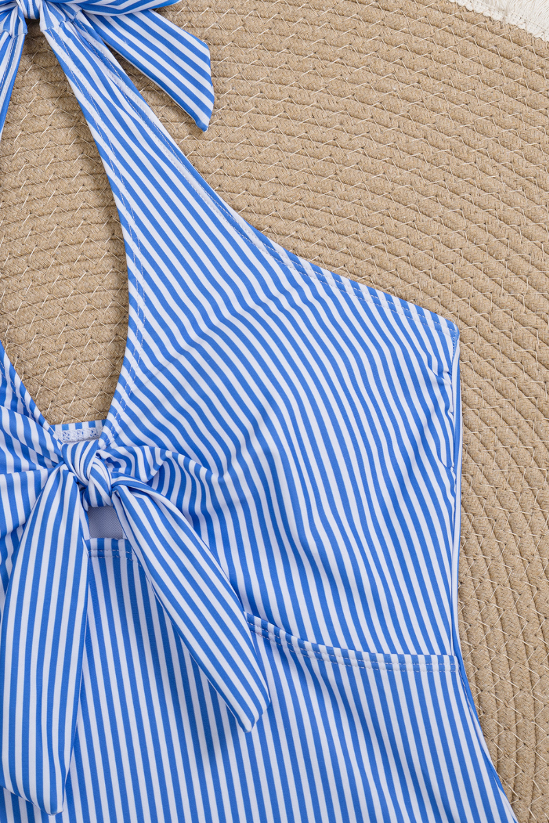 Women Blue White Striped Halter Tie Knot One Piece Swimsuit