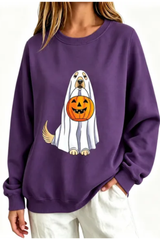 Women's Fall Ghost Dog Pumpkin Graphic Halloween Sweatshirt
