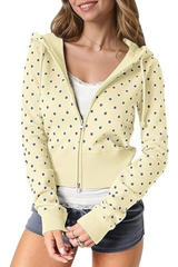 Women's Fall Polka Dot Print Cropped Zip Up Hooded Jacket