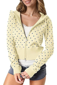 Women's Fall Polka Dot Print Cropped Zip Up Hooded Jacket