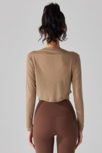 Women's V-Neck Sheer Cropped Long Sleeve Yoga Cover-Up