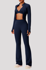 Women's Sports 3-Piece Set:Bra+Cropped Jacket+Flare Pants