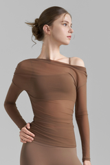 Women's Asymmetric  Shoulder Sheer Mesh Long Sleeve Yoga Top