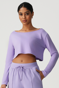 Women's Off Shoulder Cropped Workout Long Sleeve Top