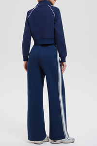 Women's Retro Color-Blocked Striped Athletic Set:Jacket & Pant